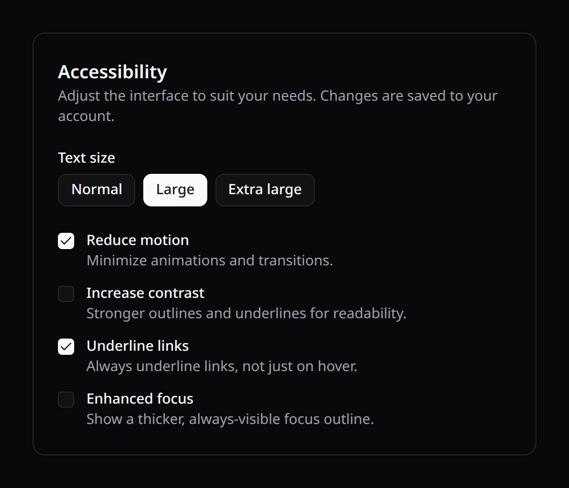 Accessibility preferences panel