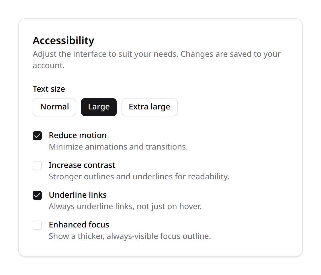Accessibility preferences panel