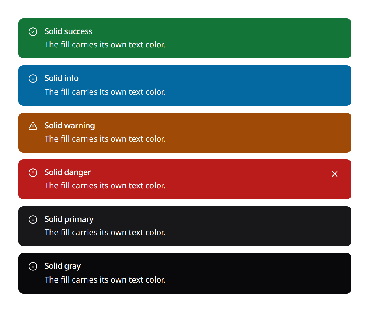 Solid success, info, warning, danger, primary and gray alerts