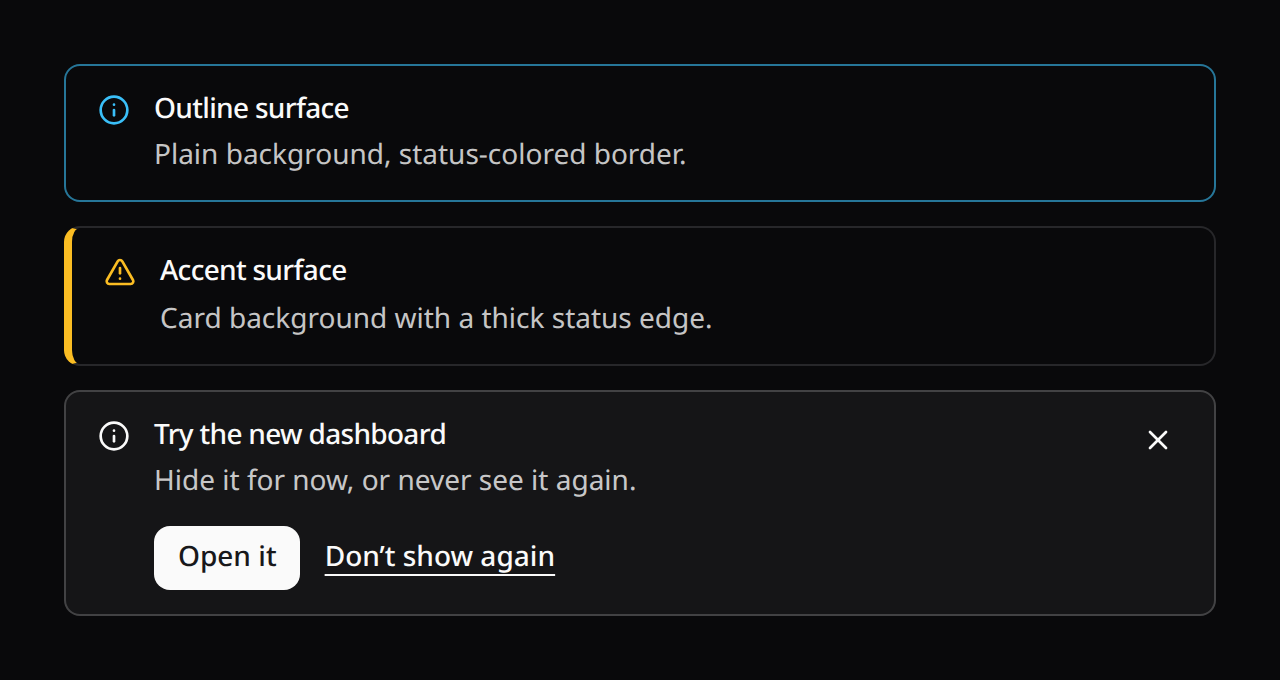 Outline and accent alerts, and a dismissible alert with an action and a Don't show again link