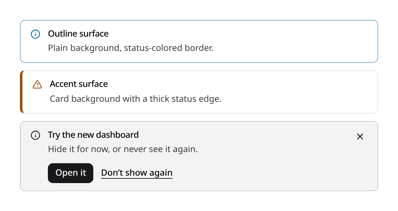 Outline and accent alerts, and a dismissible alert with an action and a Don't show again link