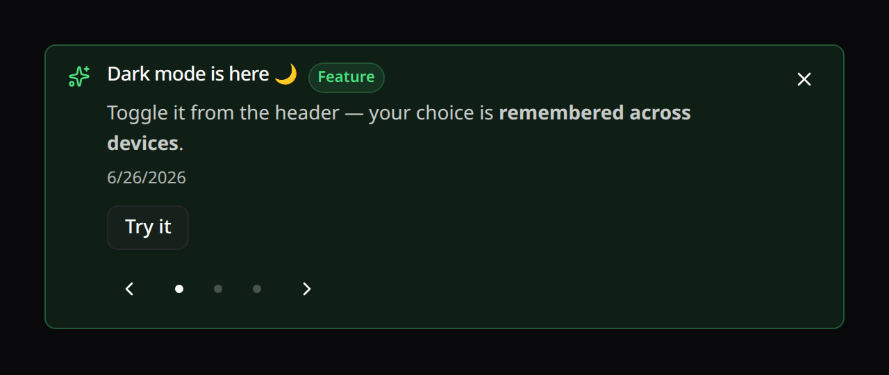 Announcement banner tinted with its level color, with a Try it button