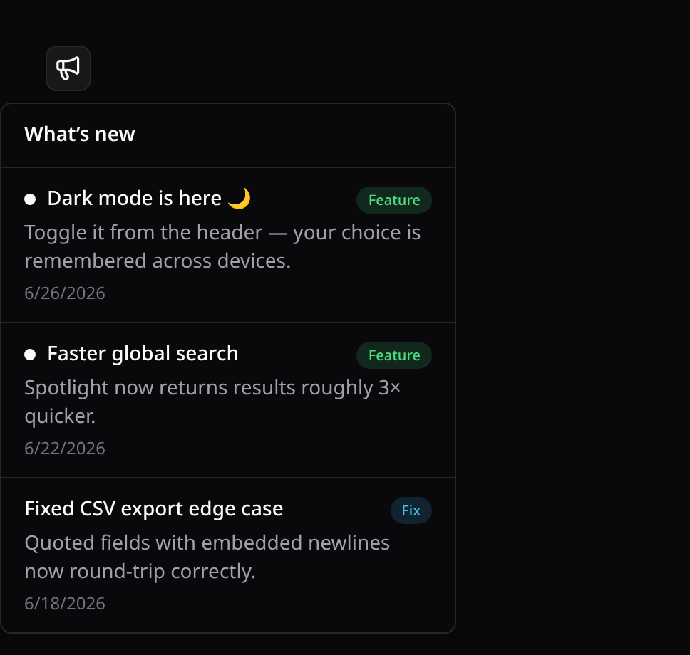 What's new announcements feed