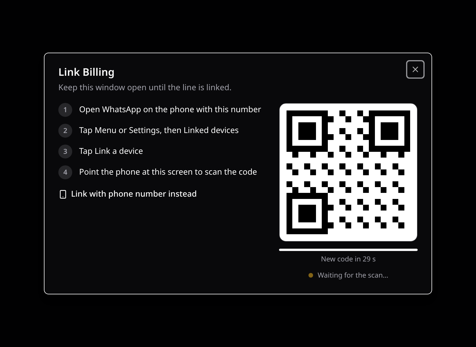 Linking a WhatsApp number: the steps, the QR with the time left on it, waiting for the scan