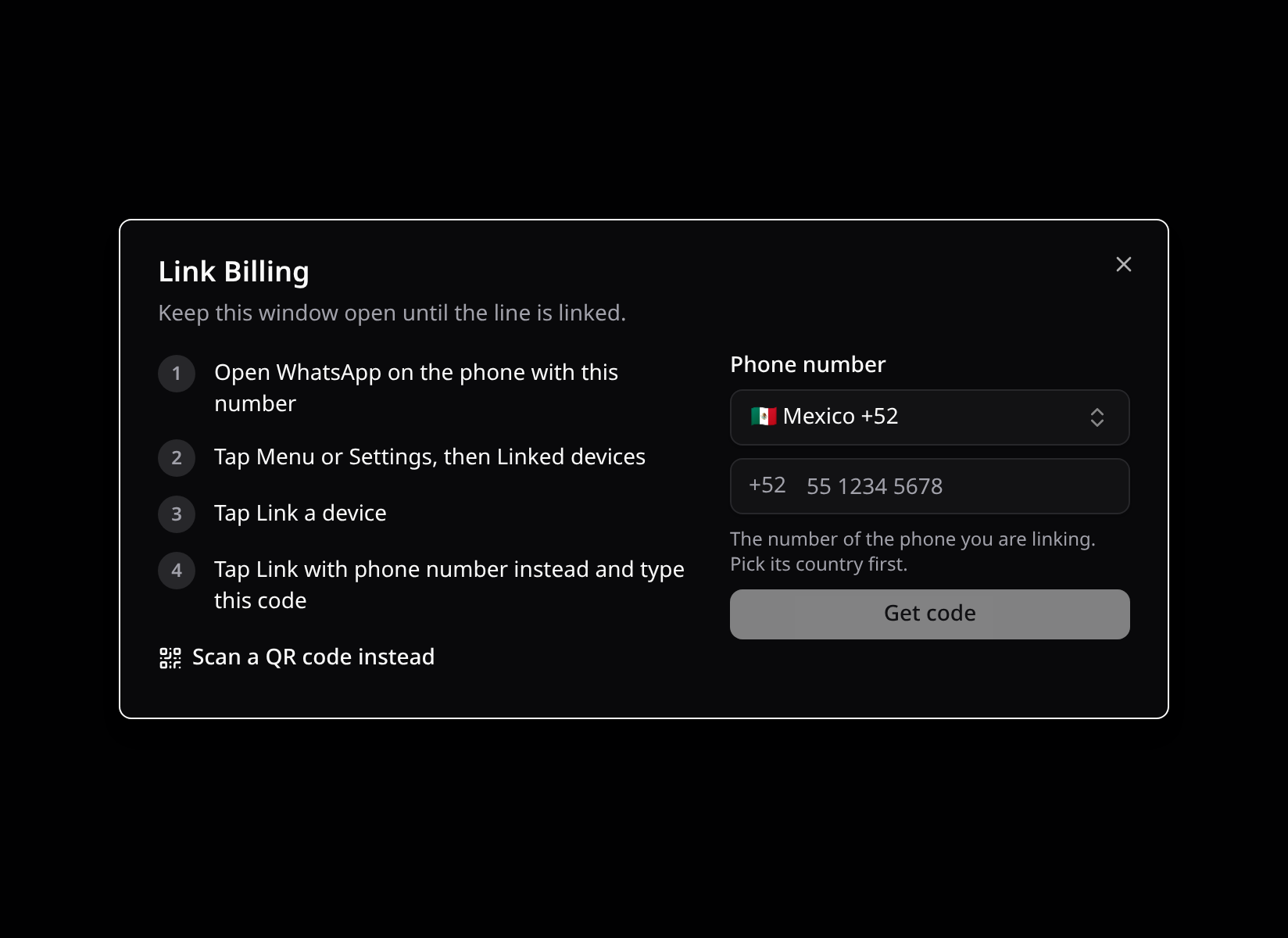 Linking by pairing code: the number typed with its country picked from a list