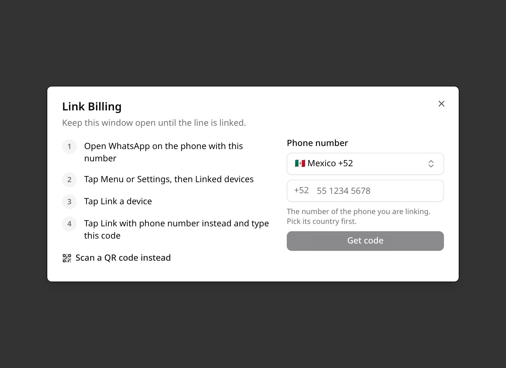 Linking by pairing code: the number typed with its country picked from a list