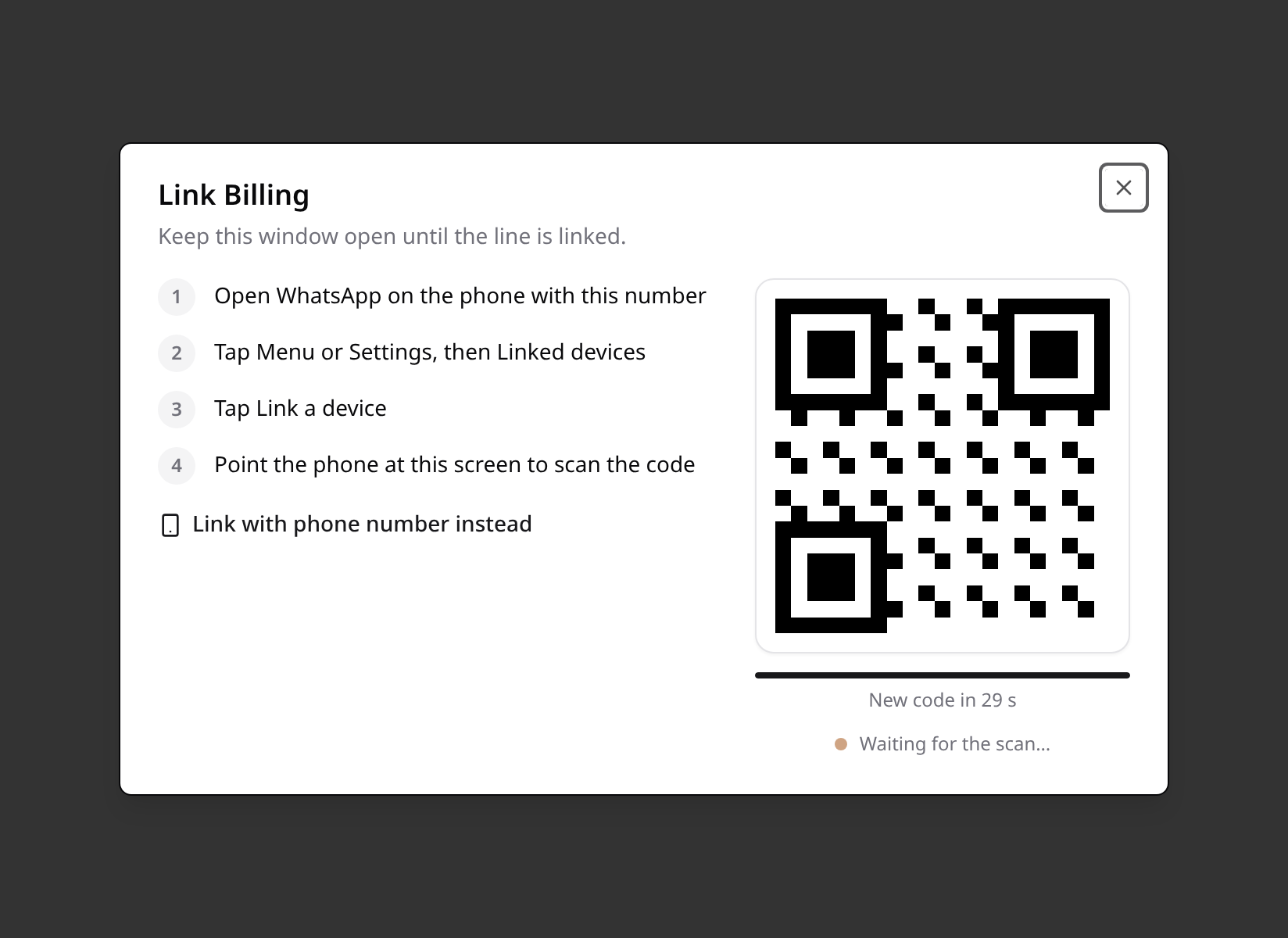 Linking a WhatsApp number: the steps, the QR with the time left on it, waiting for the scan