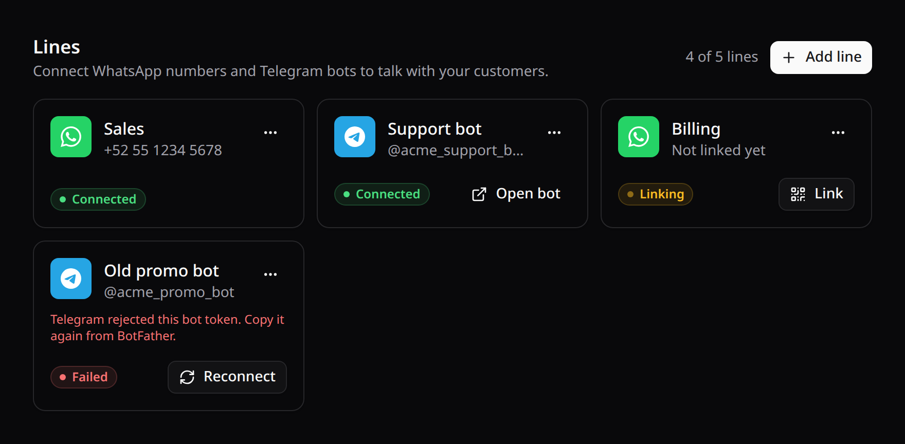 Lines: connected WhatsApp and Telegram lines, one linking, one failed with its reason