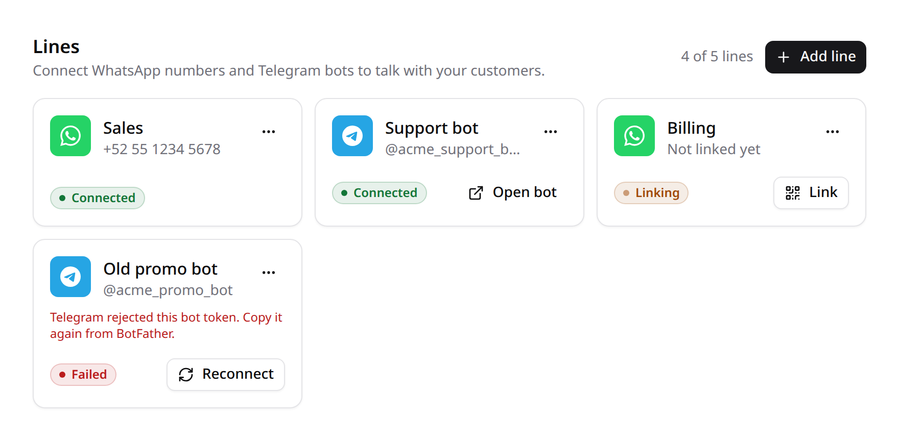 Lines: connected WhatsApp and Telegram lines, one linking, one failed with its reason
