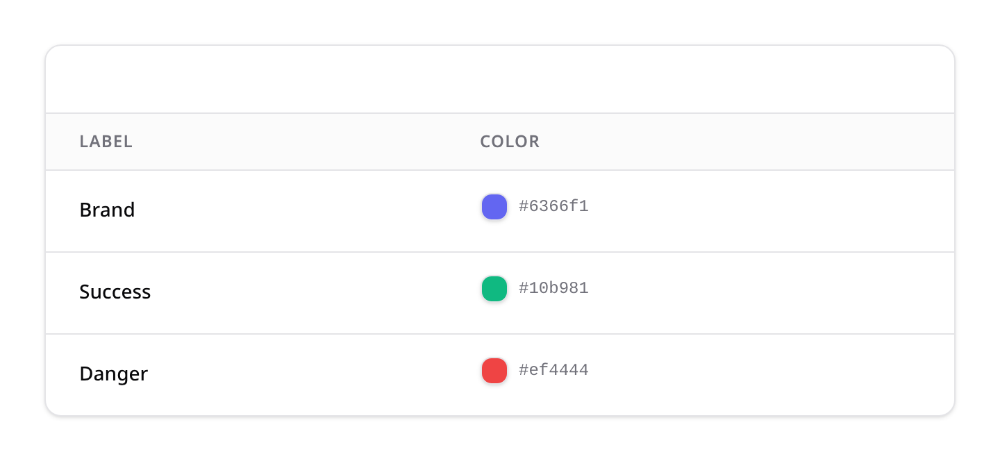 ColorColumn: color swatches with hex values