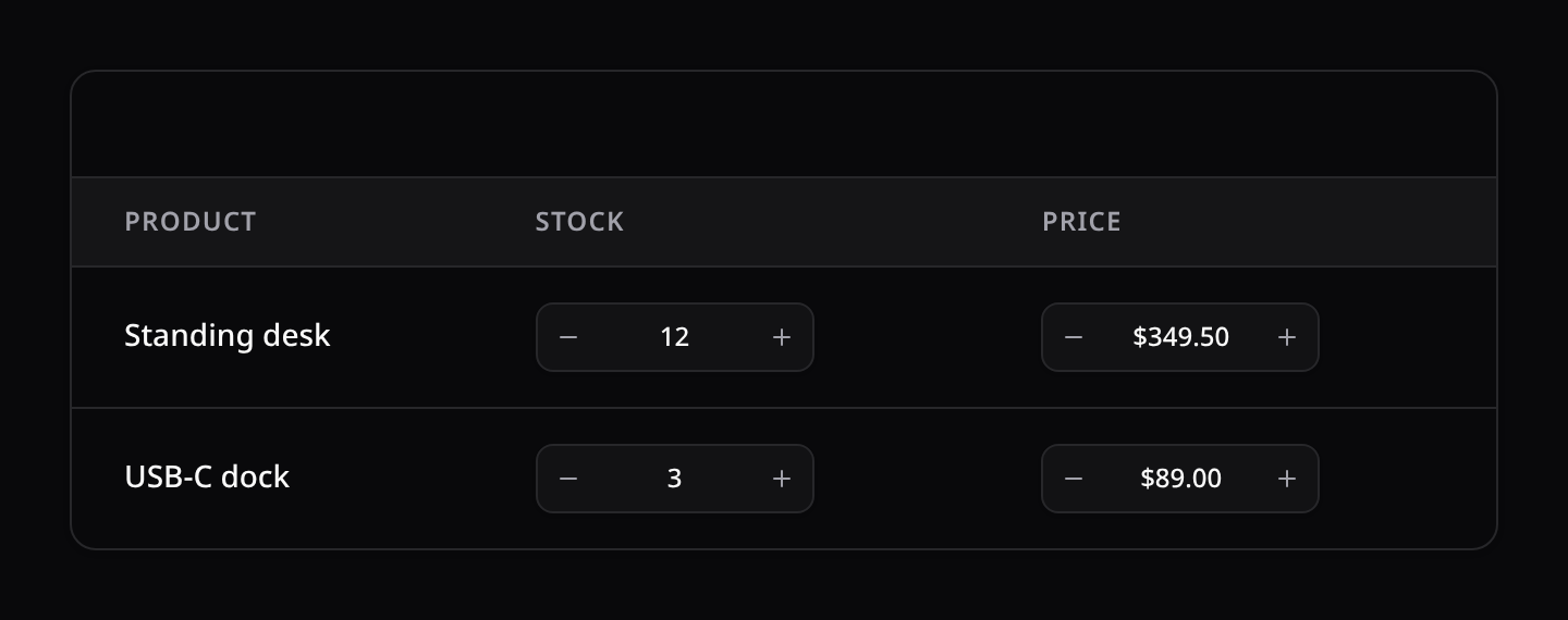 NumberInputColumn: inline steppers with currency formatting