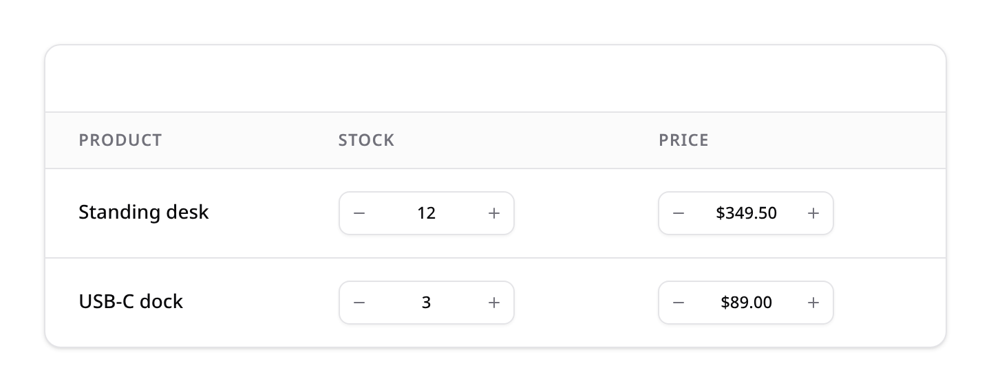 NumberInputColumn: inline steppers with currency formatting