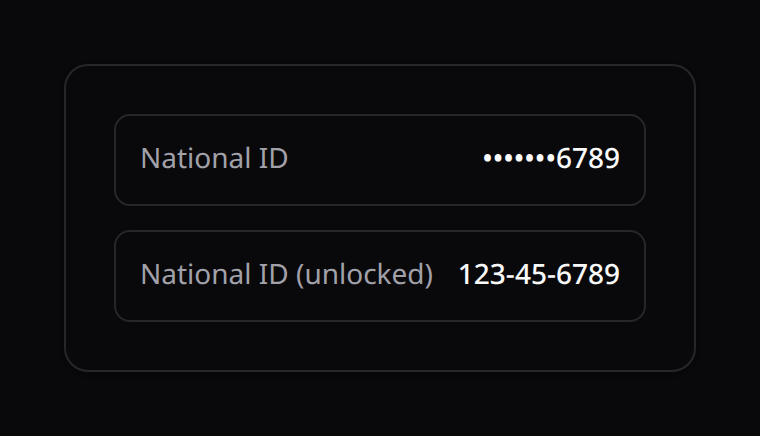 A masked confidential field next to its unlocked value