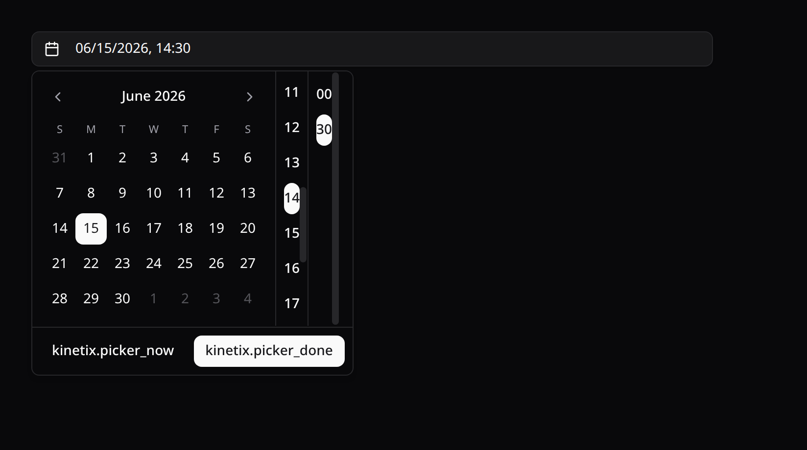 Date-time picker showing the calendar and time columns