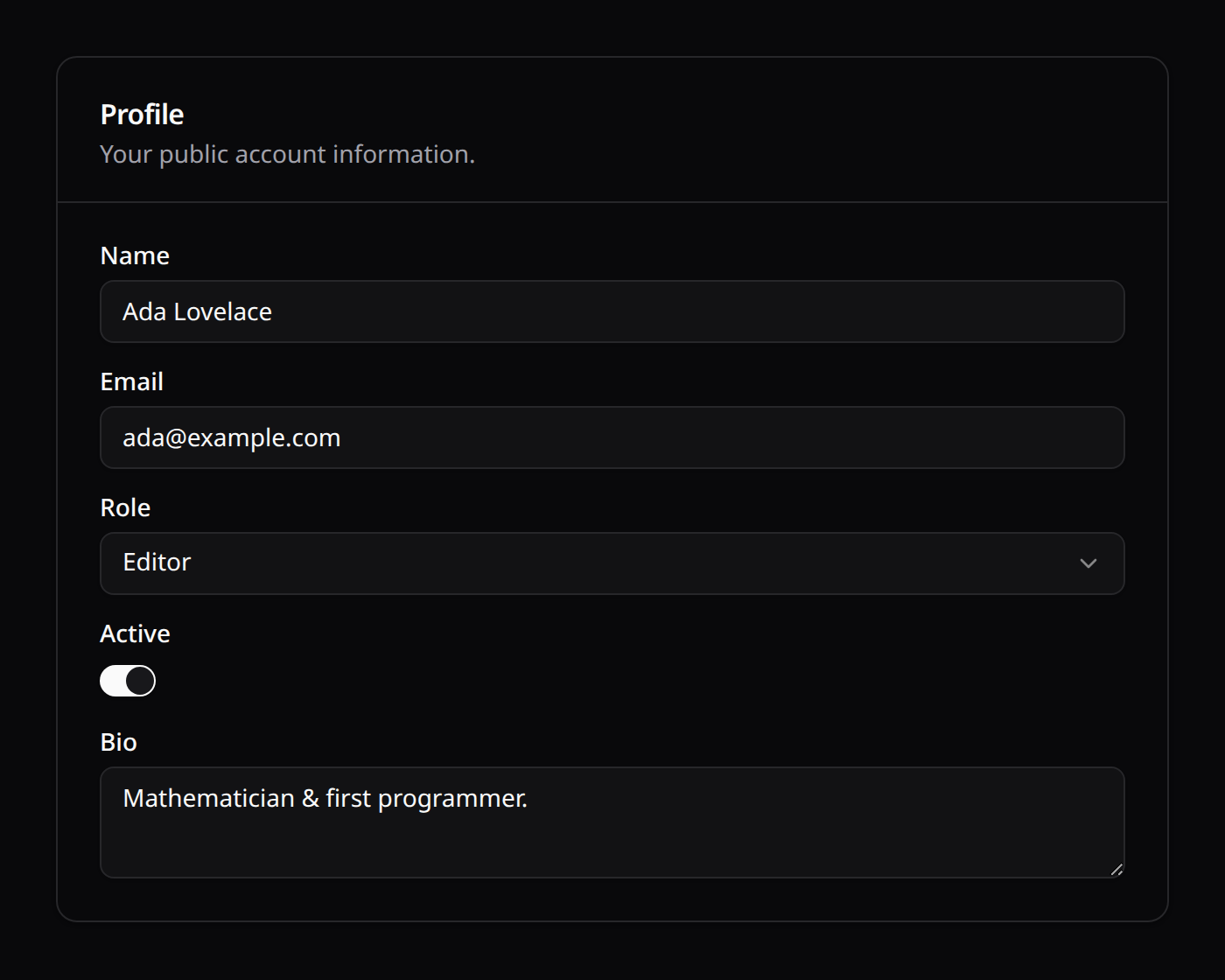 A schema-driven form: section, grid, inputs, select, toggle