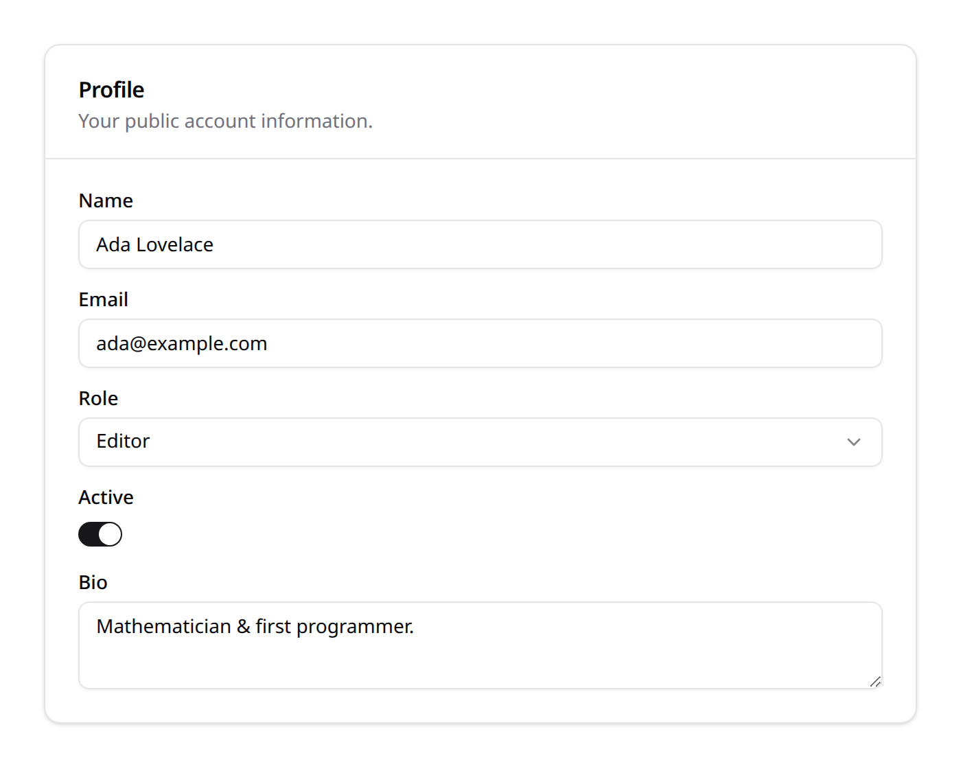 A schema-driven form: section, grid, inputs, select, toggle