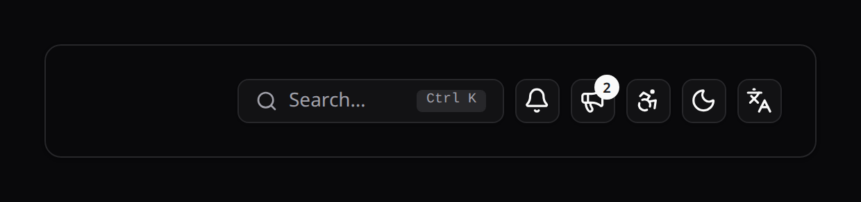 Spotlight, notifications, announcements, accessibility, dark mode and language triggers in one header row