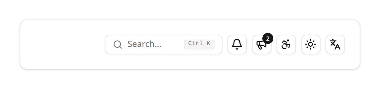 Spotlight, notifications, announcements, accessibility, dark mode and language triggers in one header row