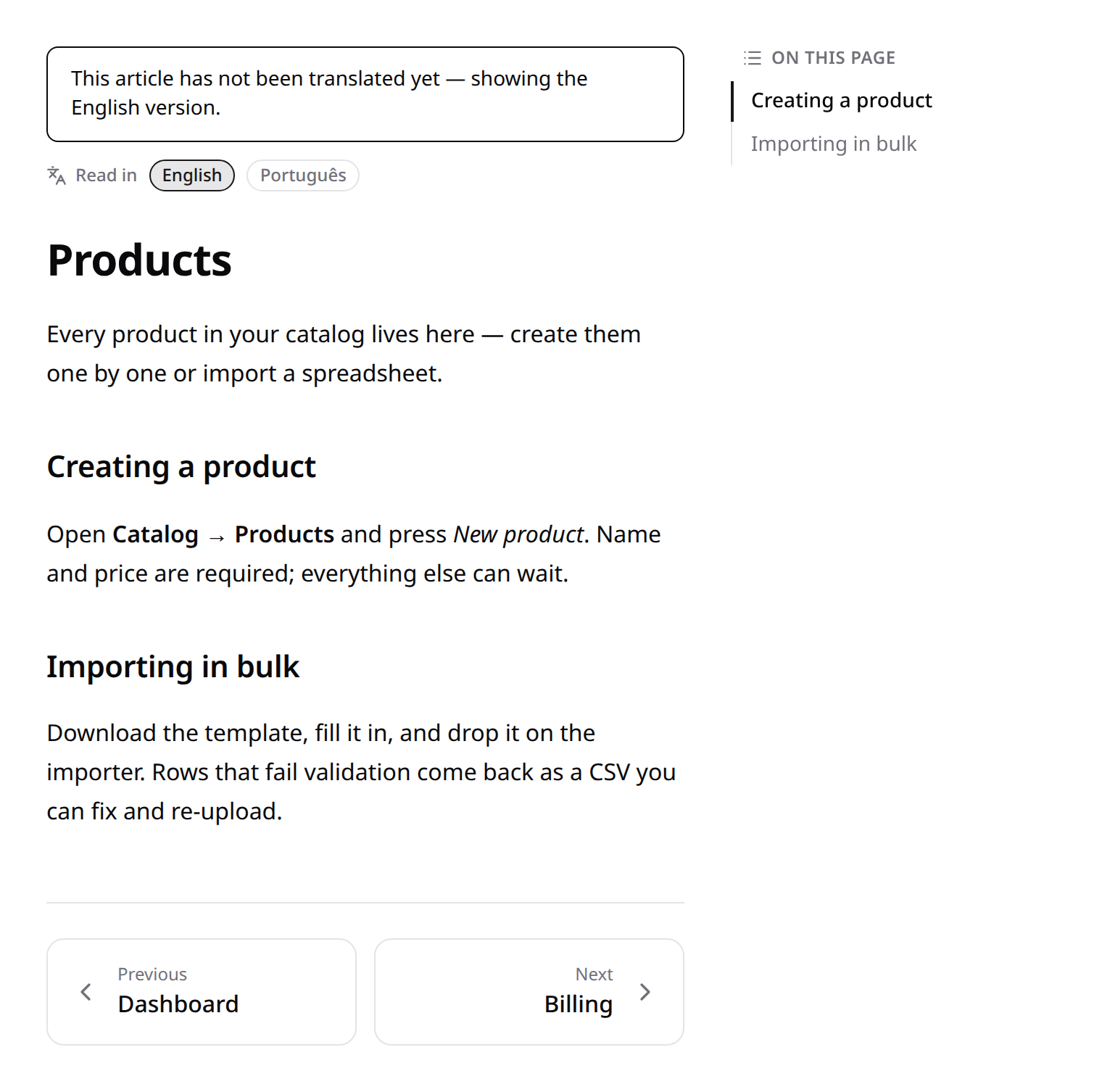 Help article — untranslated notice and per-article language chips