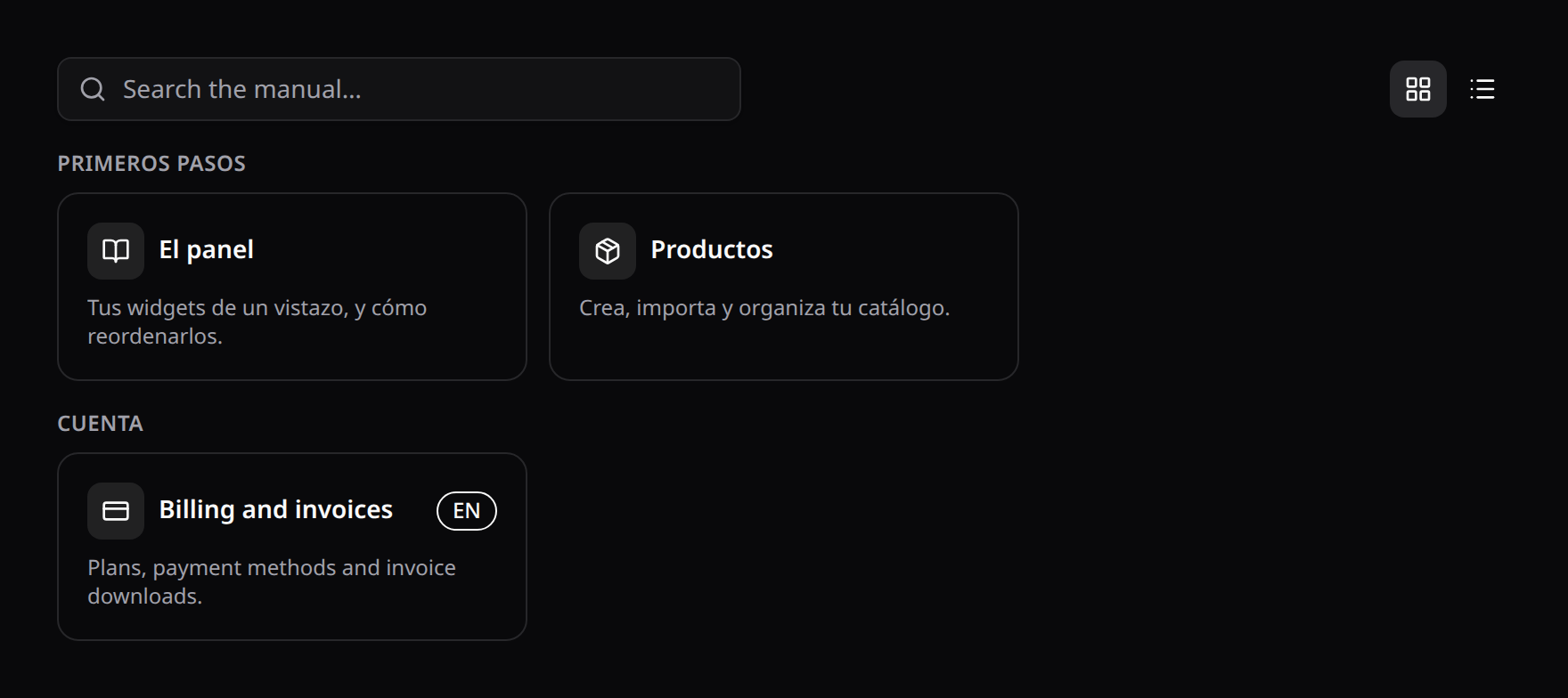 Help Center index — grouped cards, search, and an untranslated article marked with its language