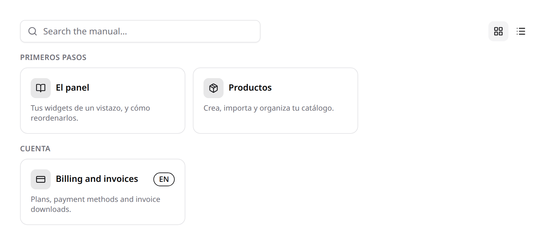 Help Center index — grouped cards, search, and an untranslated article marked with its language