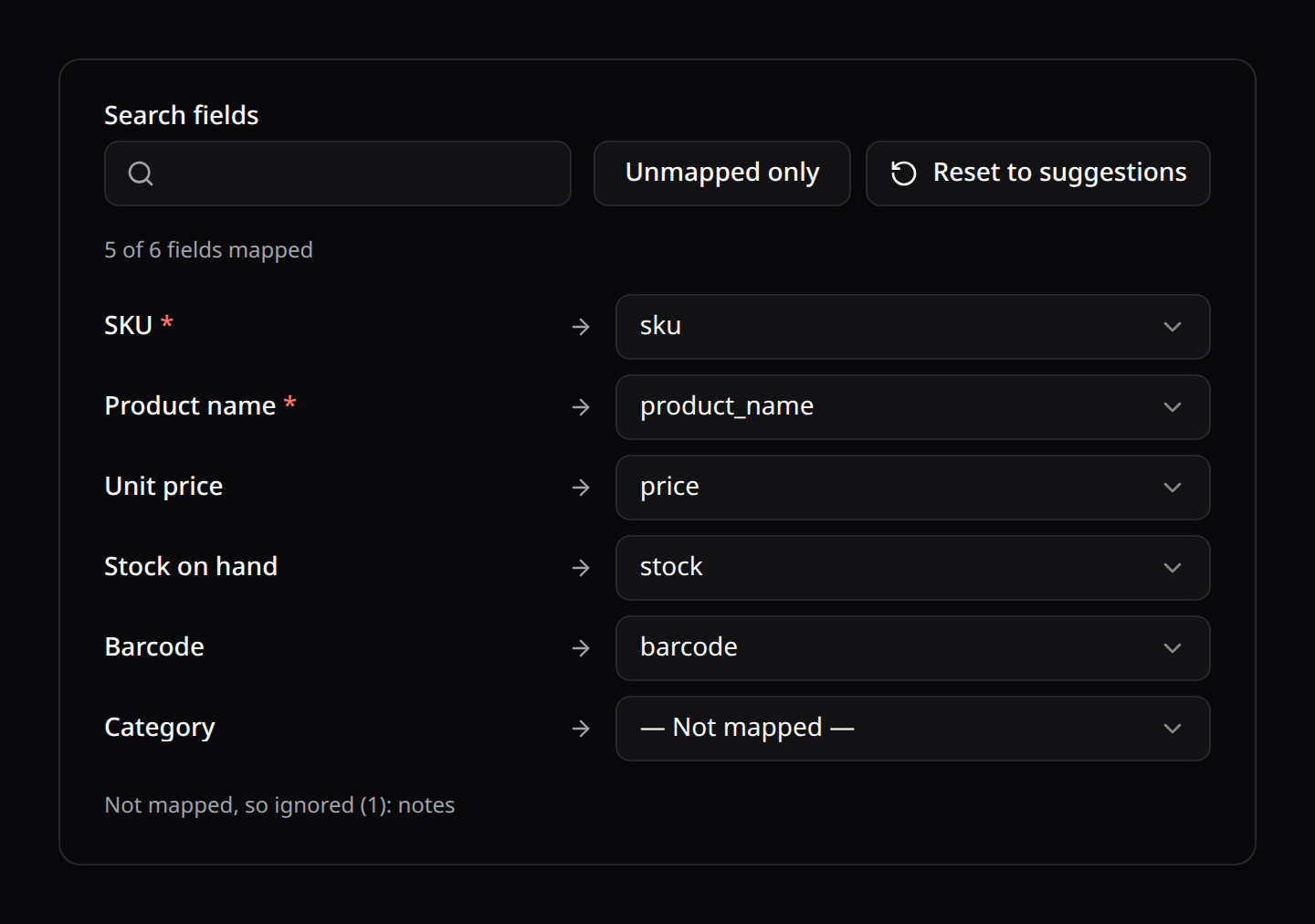 The mapping step: a labelled select per target column, a progress counter, and a note naming the source column that will be ignored