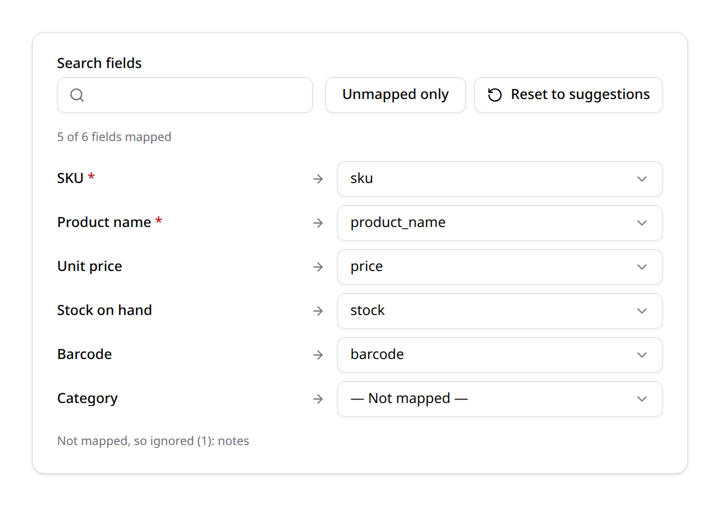 The mapping step: a labelled select per target column, a progress counter, and a note naming the source column that will be ignored