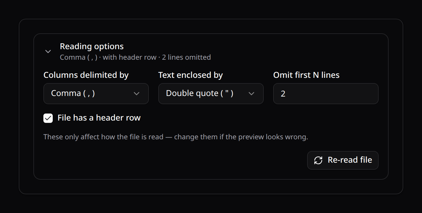 The reading options expanded: delimiter, text enclosure and omit-lines on one aligned row, with the header-row checkbox on its own line