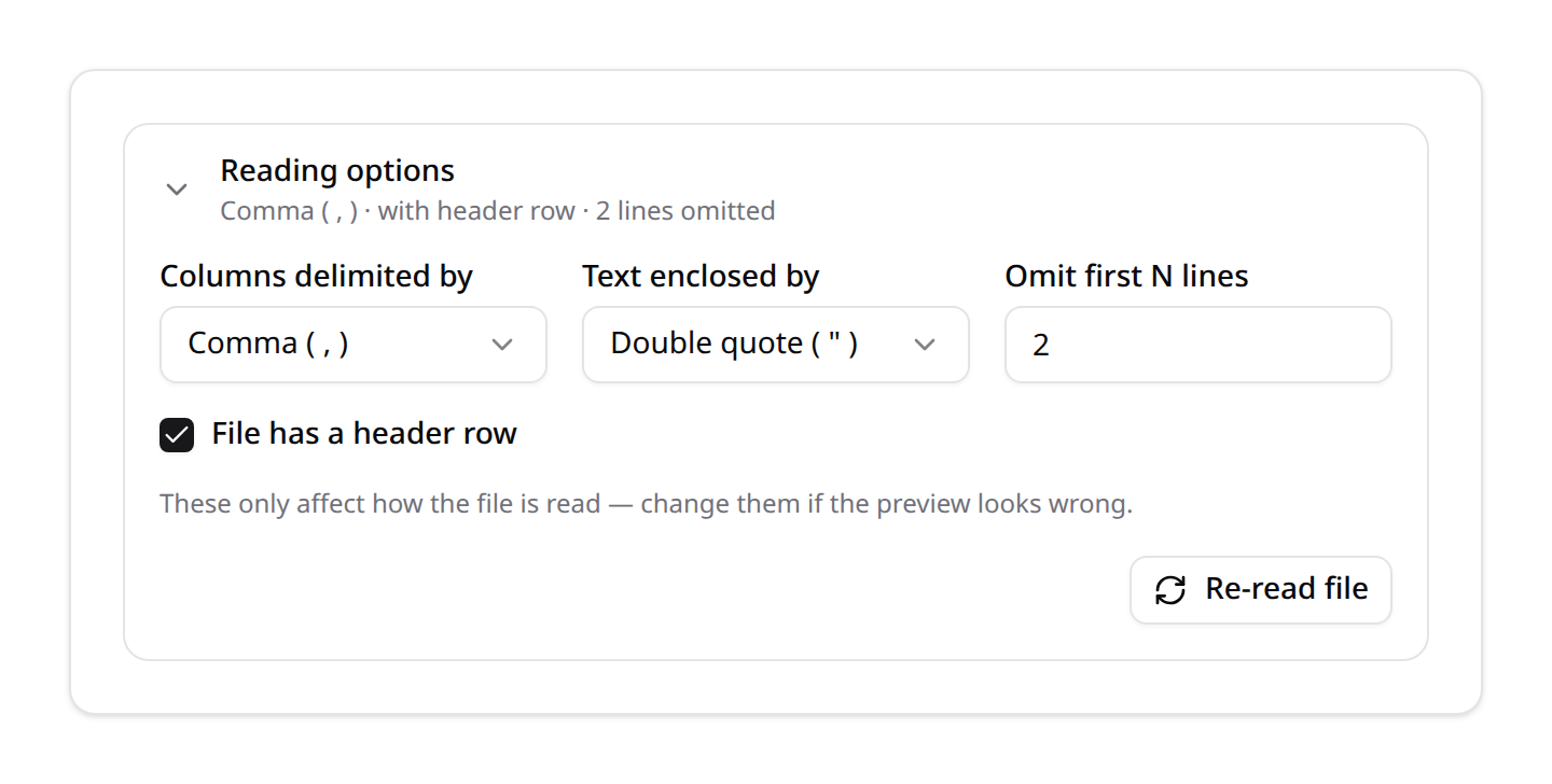 The reading options expanded: delimiter, text enclosure and omit-lines on one aligned row, with the header-row checkbox on its own line