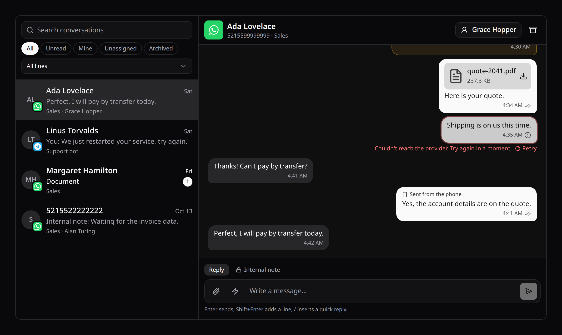 The inbox: conversations with unread counts, and a thread with a quoted reply, an internal note, a document, delivery ticks and a failed message to retry