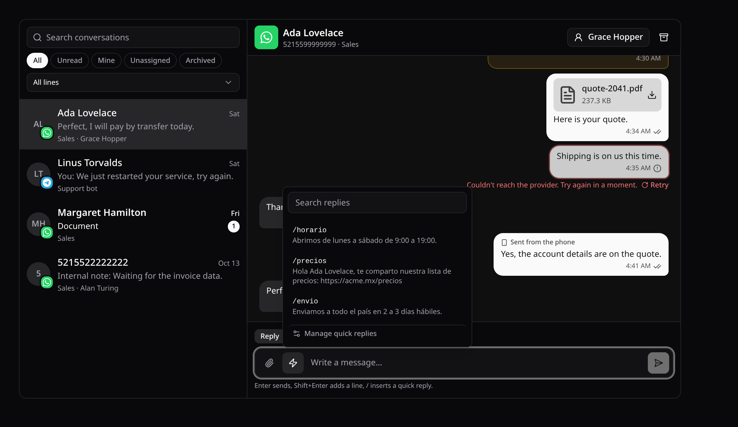 Quick replies picker above the composer, with search and the replies' text filled in for the contact