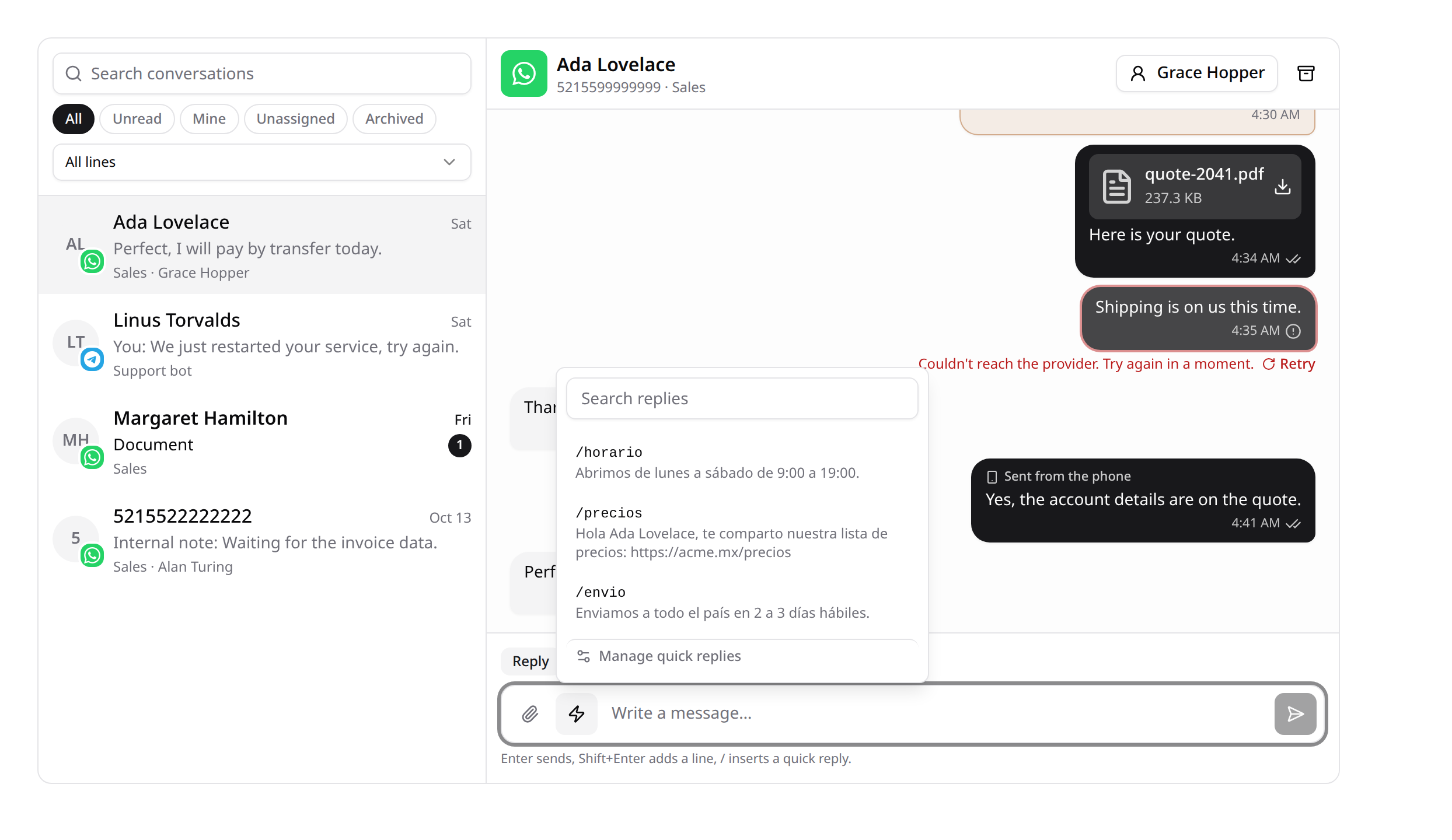 Quick replies picker above the composer, with search and the replies' text filled in for the contact