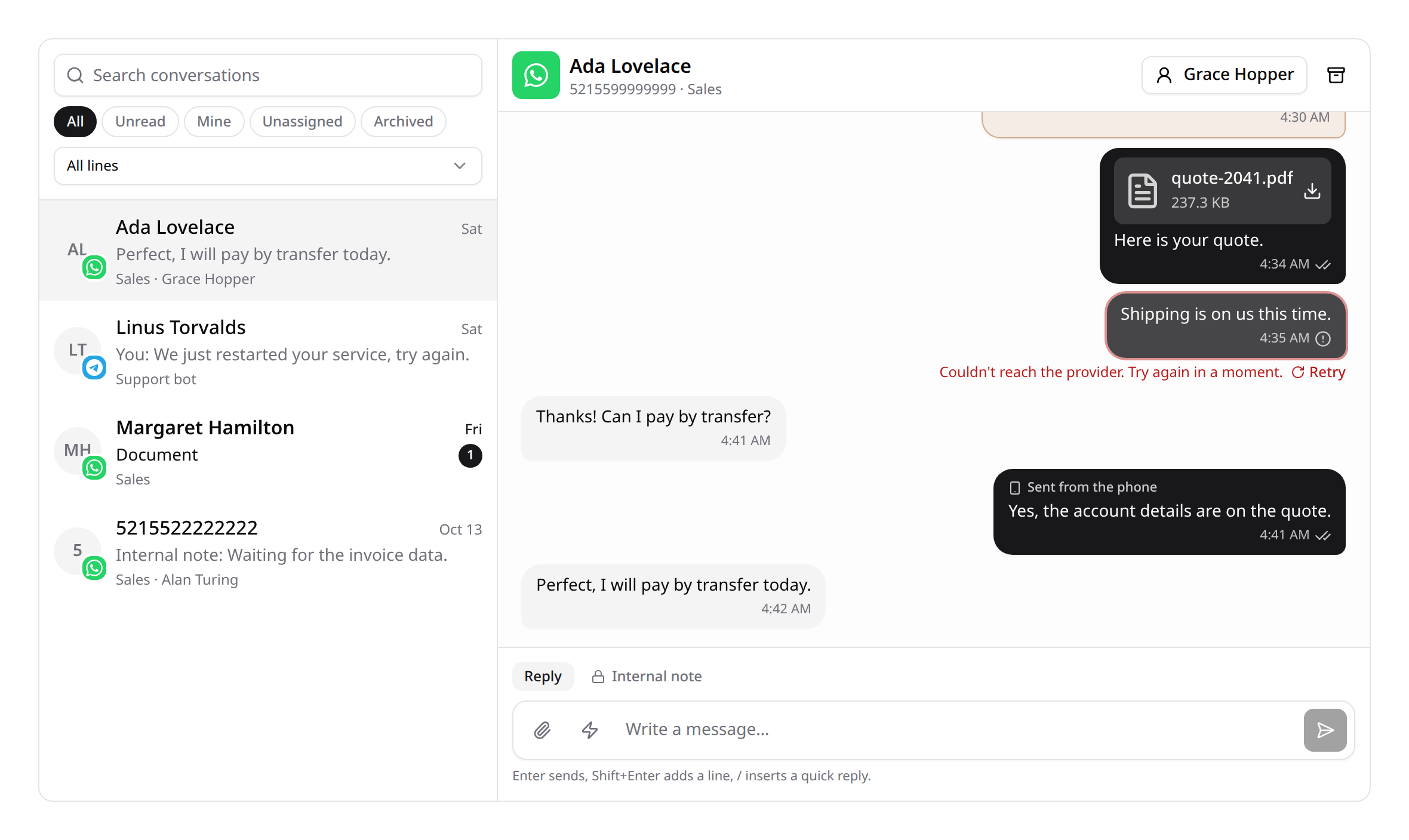 The inbox: conversations with unread counts, and a thread with a quoted reply, an internal note, a document, delivery ticks and a failed message to retry