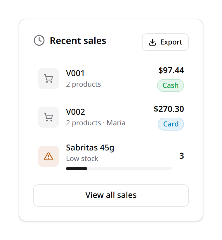 List widget with an Export header action and a footer link