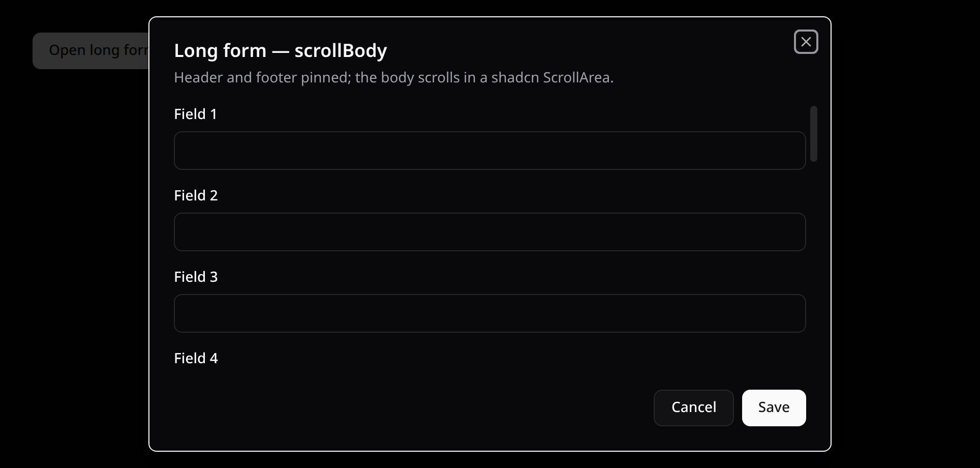 A 16-field form in a modal: the panel is bounded to the viewport, the title and the Cancel/Save footer stay pinned, and the body scrolls