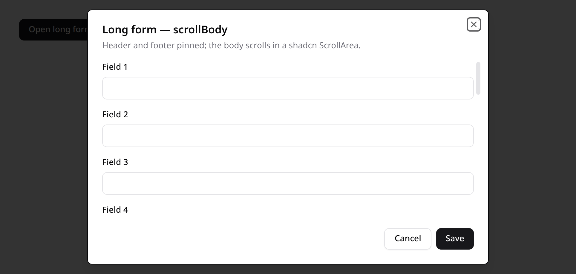 A 16-field form in a modal: the panel is bounded to the viewport, the title and the Cancel/Save footer stay pinned, and the body scrolls