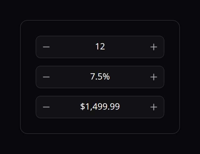 Number field — decimal, percent, currency