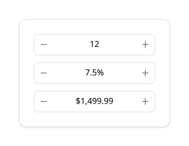 Number field — decimal, percent, currency