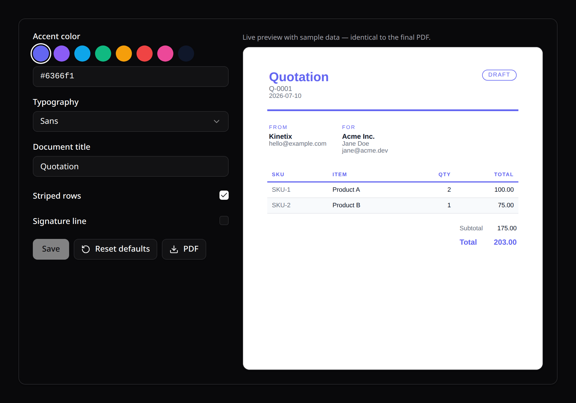 PDF template configurator with live preview