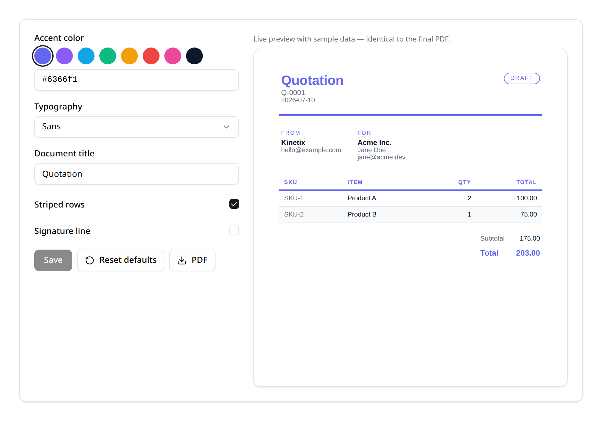 PDF template configurator with live preview