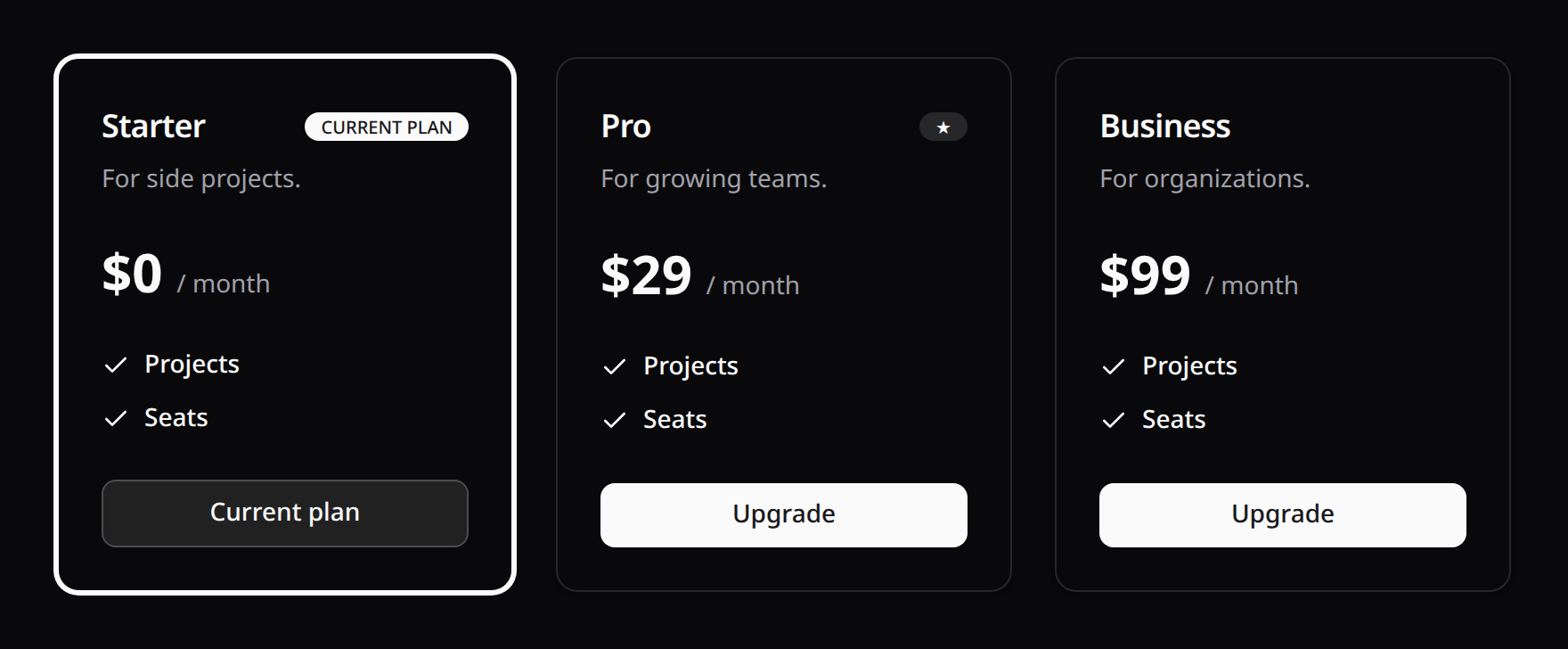 Pricing table — plan cards