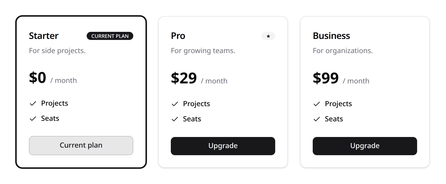 Pricing table — plan cards