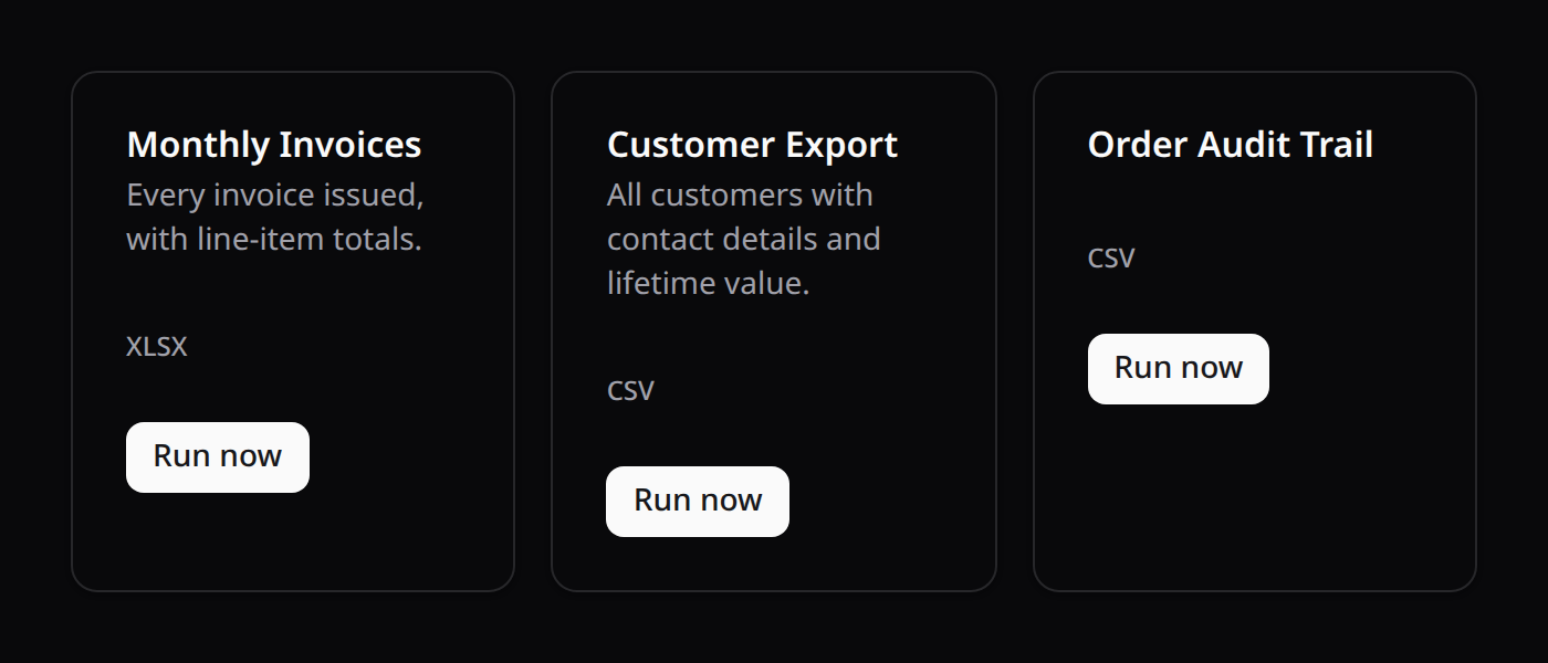 Reports Center — launcher listing available report types