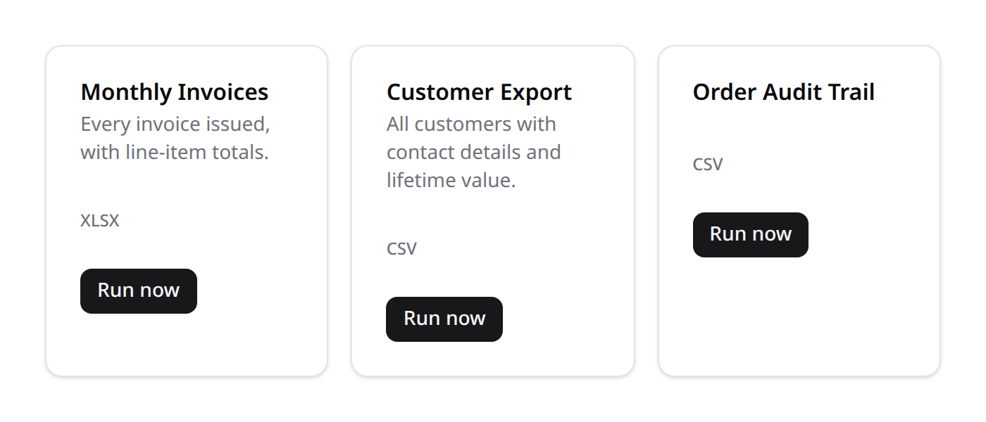 Reports Center — launcher listing available report types