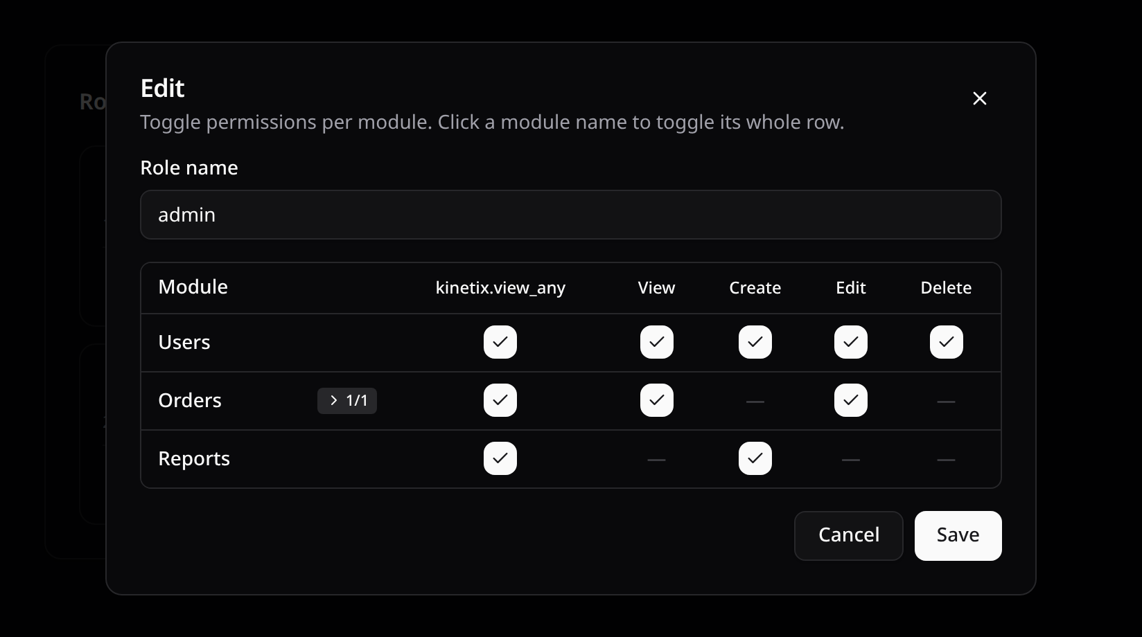 Role editor — module × ability matrix