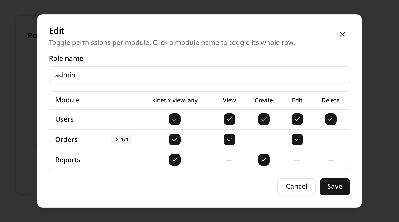 Role editor — module × ability matrix