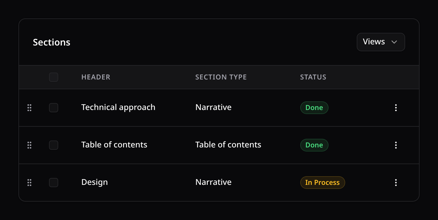 Resource table with selection, status badges and row actions