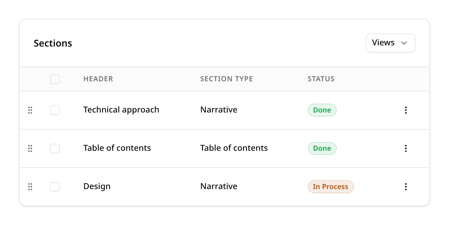 Resource table with selection, status badges and row actions