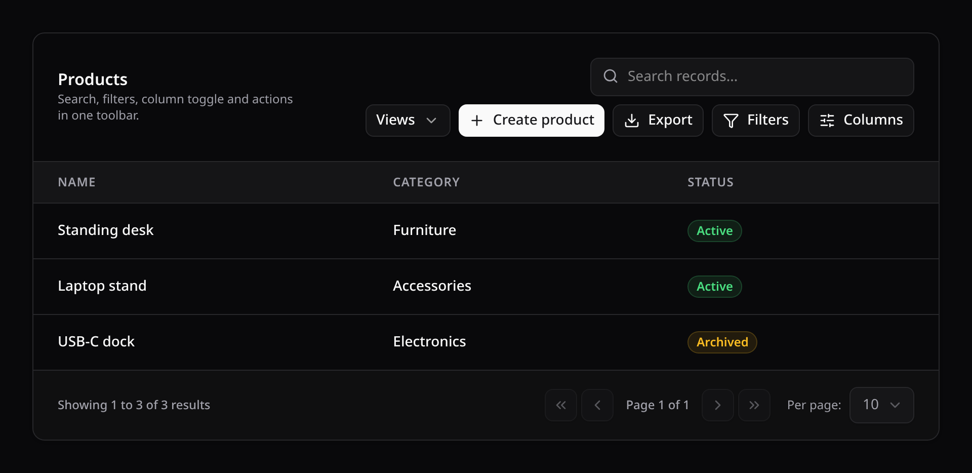 Table toolbar with search, actions, filters and column toggle