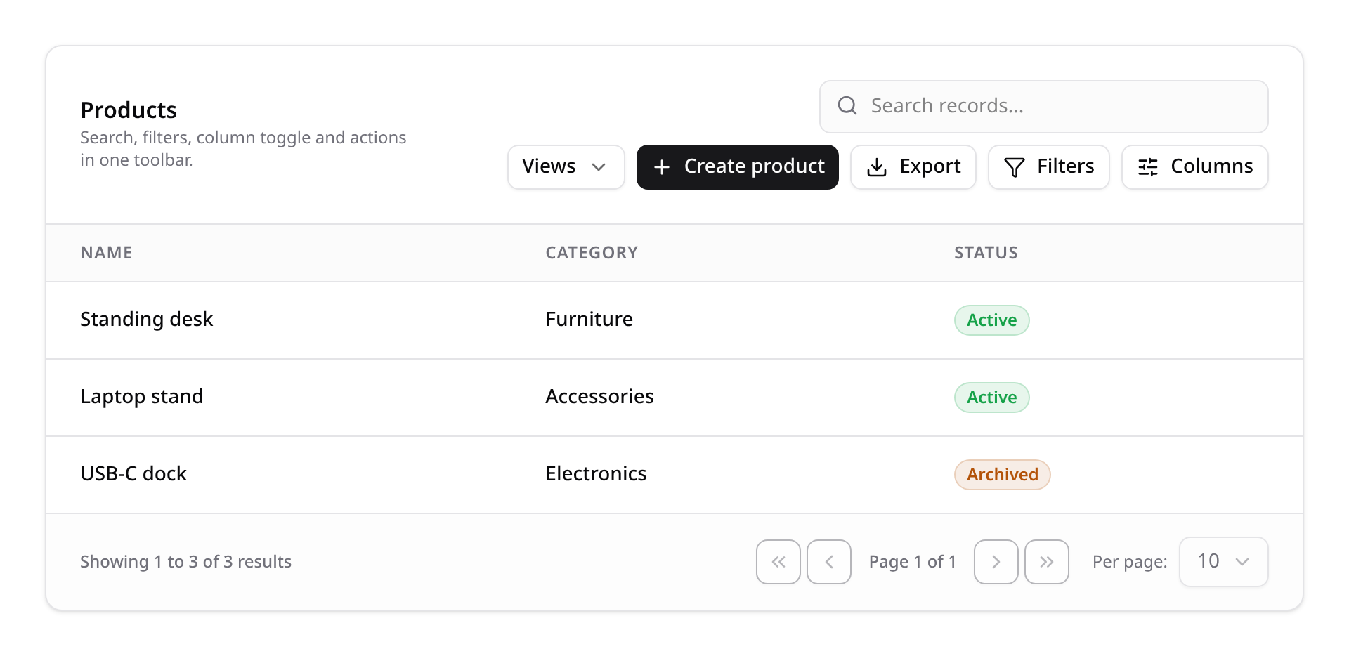 Table toolbar with search, actions, filters and column toggle